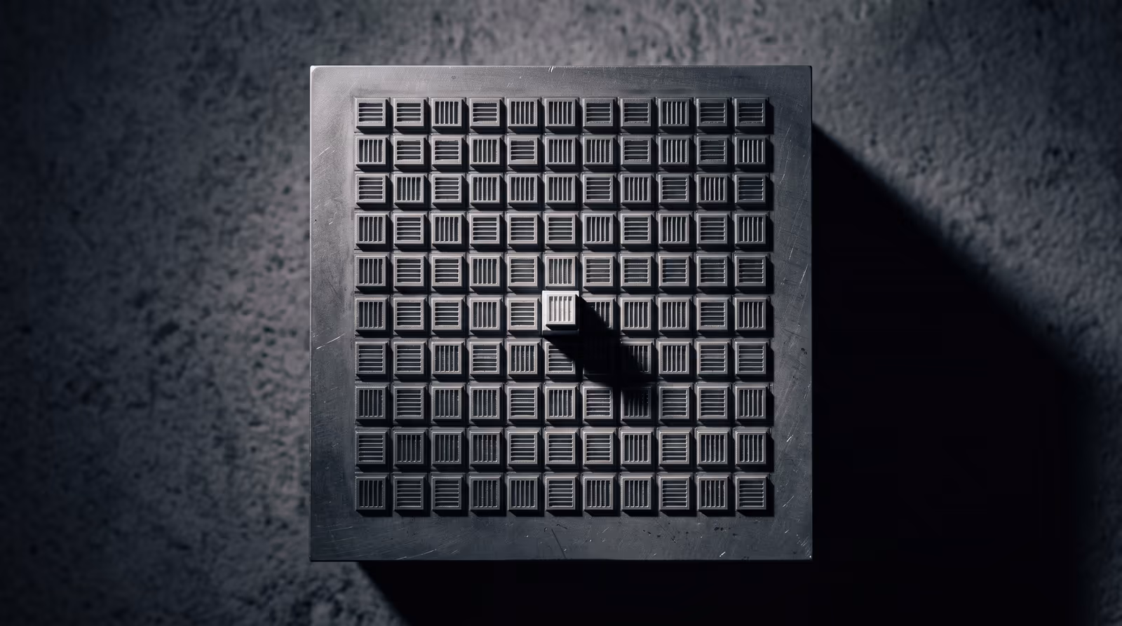 A grid of identical modules with one raised out of alignment