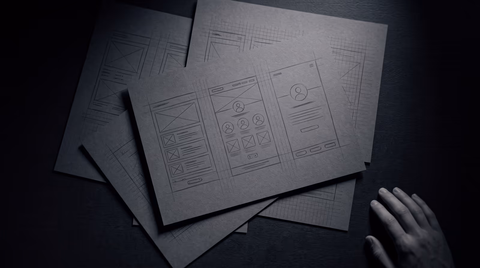 Wireframe sketches laid out across a desk, viewed from above