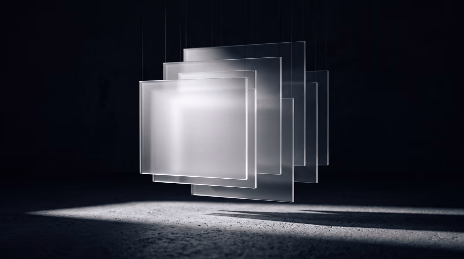 Layered translucent panels receding into shadow